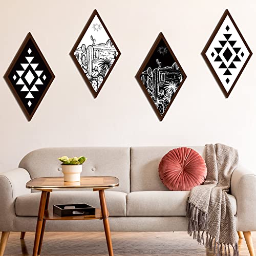 4 Pieces Aztec Wall Decor Farmhouse Home Wall Decor Western Boho Wall Art Wooden Aztec Diamond Sign Cactus Wood Geometric Diamond Frame Wall Hanging (Cactus,6.7 x 11.8 Inch)