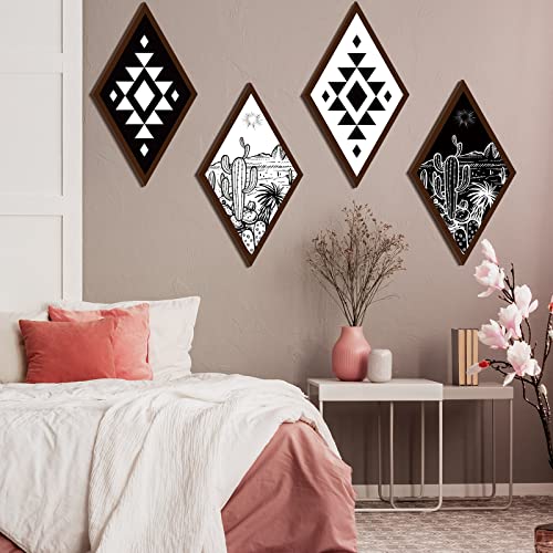 4 Pieces Aztec Wall Decor Farmhouse Home Wall Decor Western Boho Wall Art Wooden Aztec Diamond Sign Cactus Wood Geometric Diamond Frame Wall Hanging (Cactus,6.7 x 11.8 Inch)