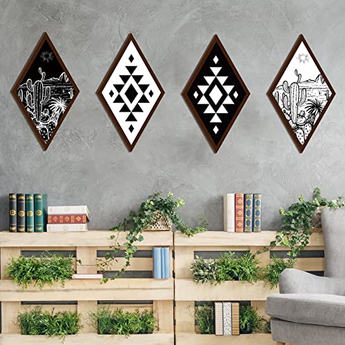 4 Pieces Aztec Wall Decor Farmhouse Home Wall Decor Western Boho Wall Art Wooden Aztec Diamond Sign Cactus Wood Geometric Diamond Frame Wall Hanging (Cactus,6.7 x 11.8 Inch)