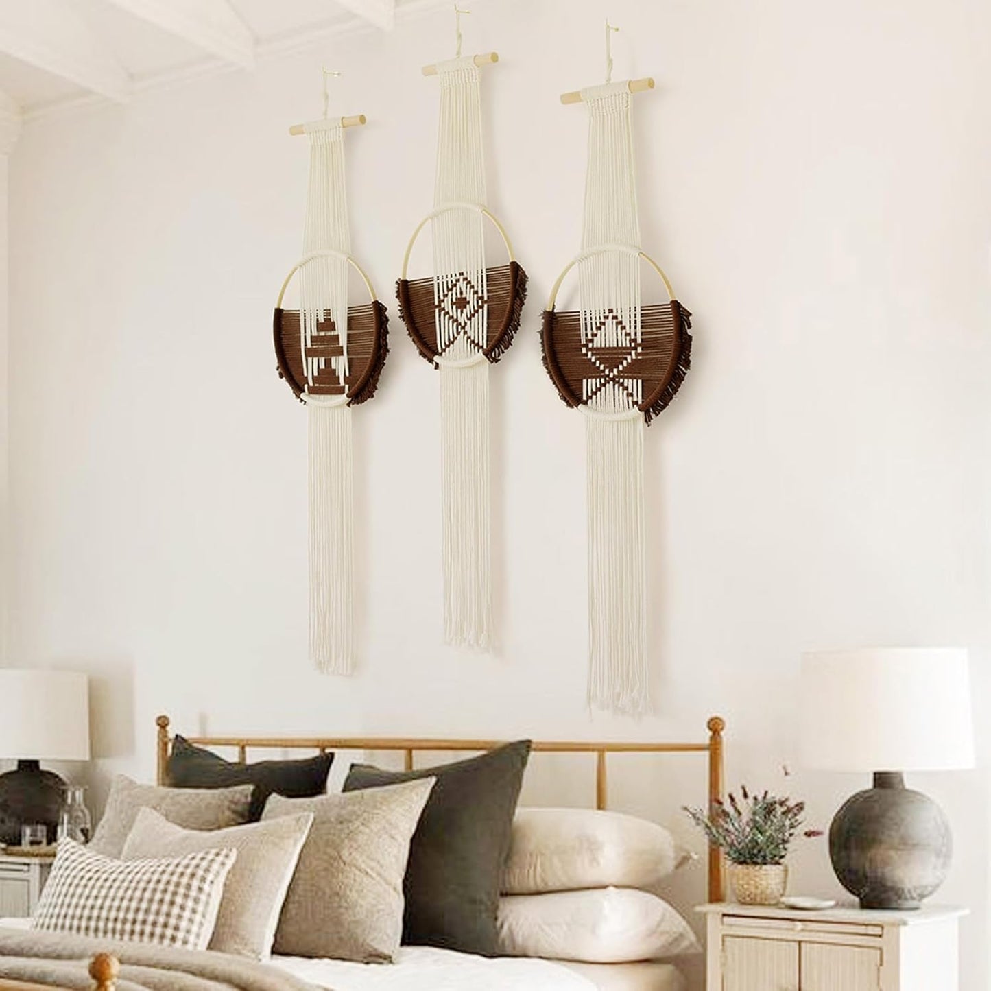 Macrame Wall Hanging Boho Wall Decor 3Pcs Brown Fiber Wall Art Handmade Home Room Décor