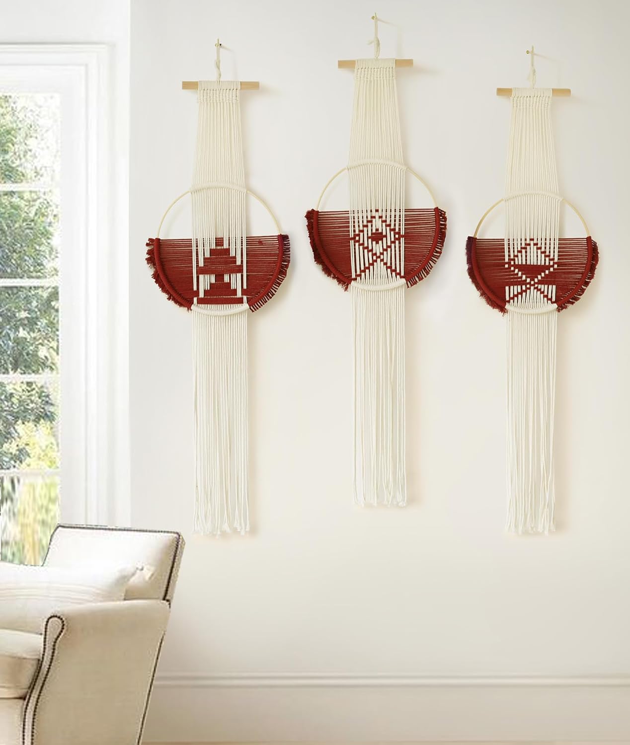 Macrame Wall Hanging Boho Wall Decor 3Pcs Brown Fiber Wall Art Handmade Home Room Décor