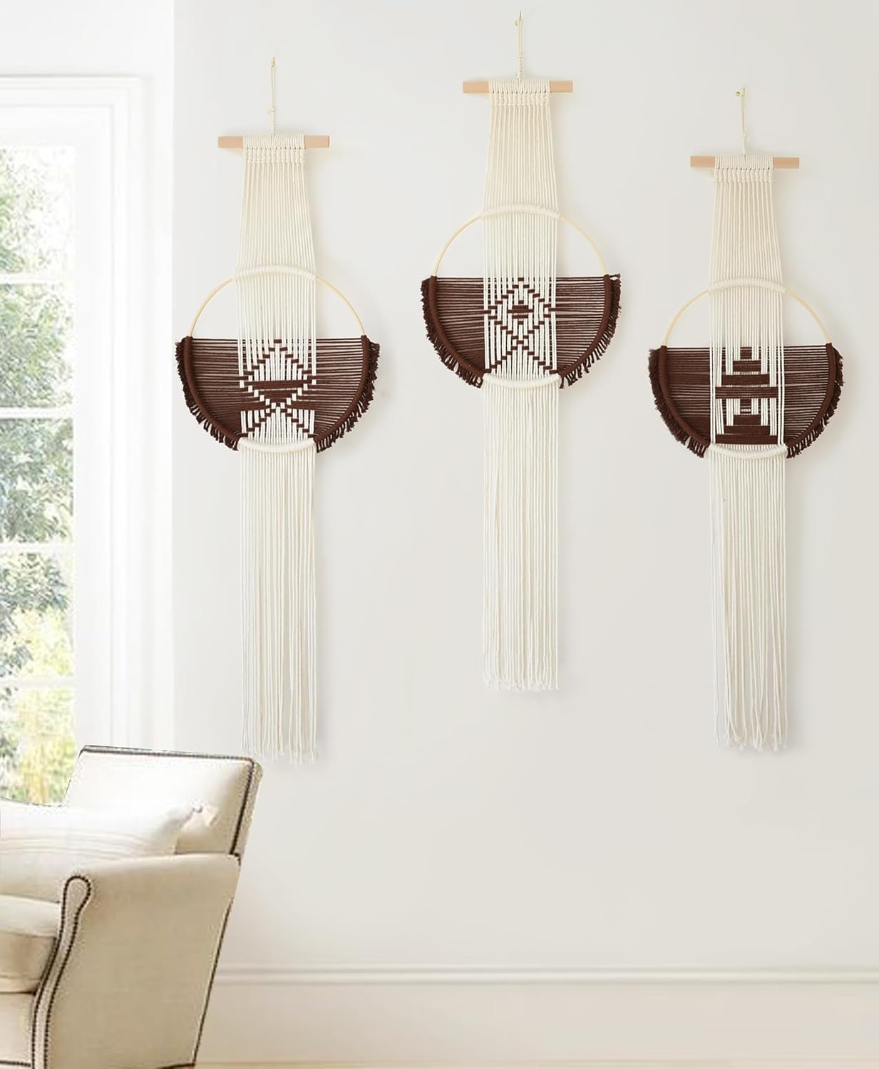 Macrame Wall Hanging Boho Wall Decor 3Pcs Brown Fiber Wall Art Handmade Home Room Décor