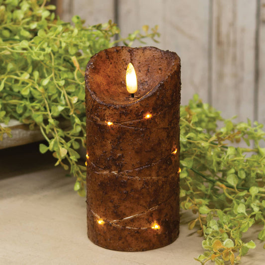 Burnt Mustard LED Wrapped Flicker Flame Timer Pillar, 6"