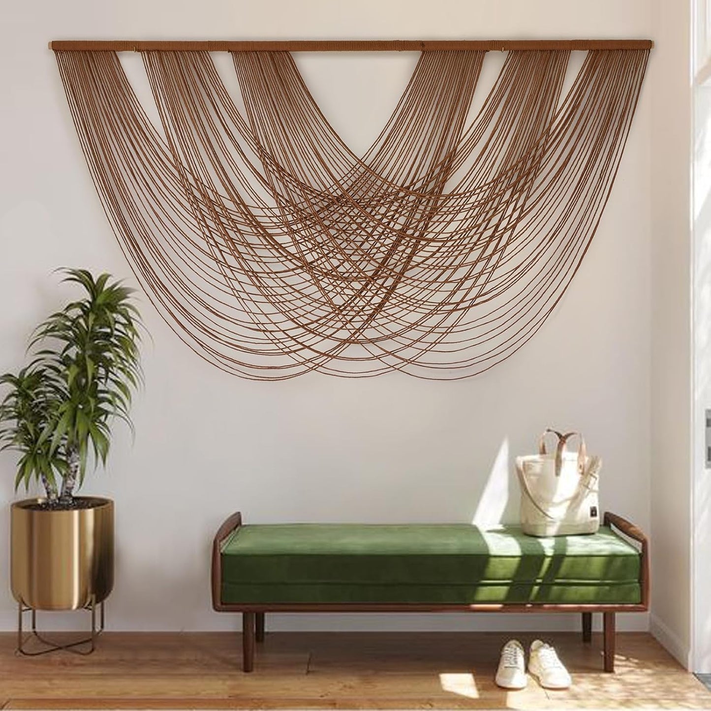 Flber Large Macrame Wall Hanging Brown Die-Dyed 57.00" W x 31.00" L Boho Wall Decor Yarn Tapestry Craftsmanship Home Macrame Wall Decor