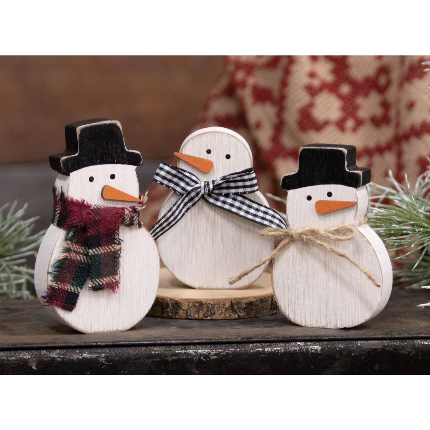 3/Set, Distressed Wooden Snowman w/Scarf Sitters