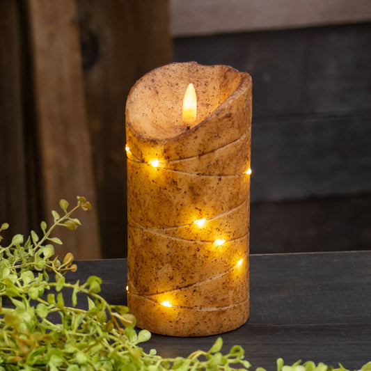 Burnt Ivory LED Wrapped Flicker Flame Timer Pillar, 6"