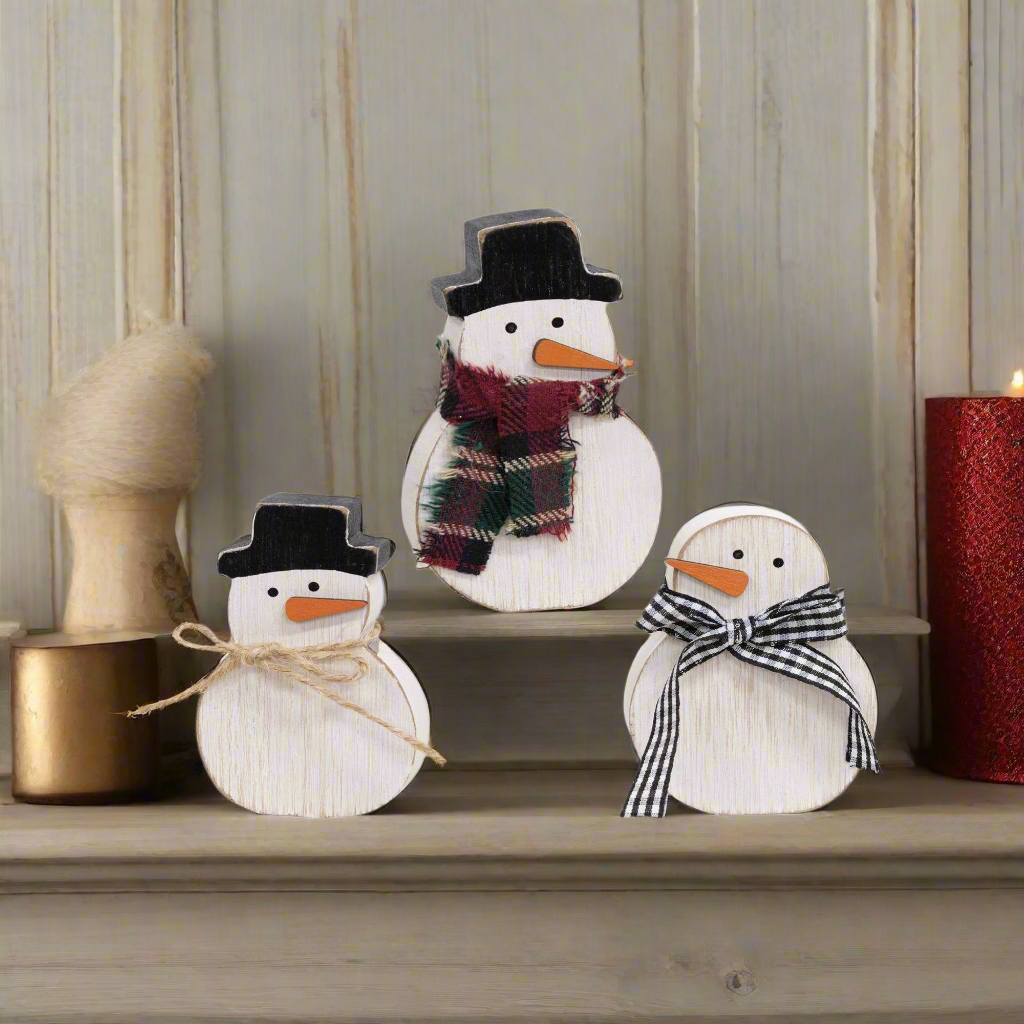 3/Set, Distressed Wooden Snowman w/Scarf Sitters