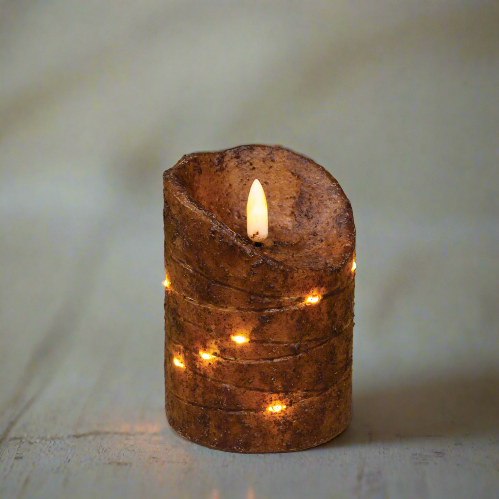 Burnt Mustard LED Wrapped Flicker Flame Timer Pillar, 4"