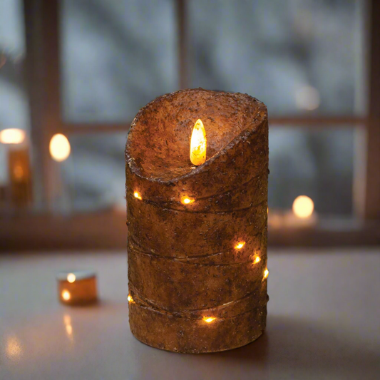 Burnt Mustard LED Wrapped Flicker Flame Timer Pillar, 5"