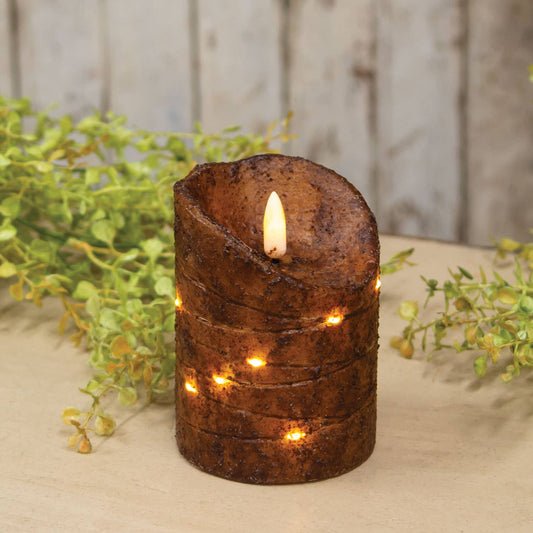 Burnt Mustard LED Wrapped Flicker Flame Timer Pillar, 4"