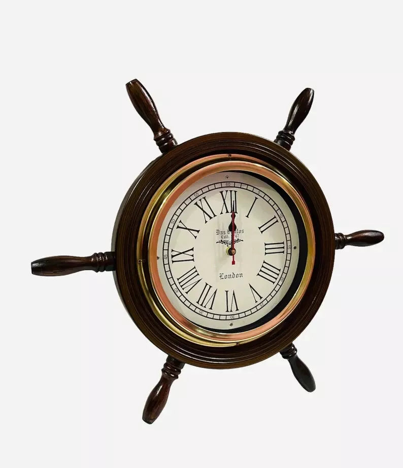 18'' Nautical Wooden Ship Wheel Clock | Wall Clock | Maritime Wooden Clock