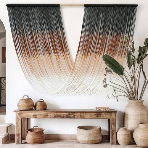 Flber Large Macrame Wall Hanging Brown Die-Dyed 57.00" W x 31.00" L Boho Wall Decor Yarn Tapestry Craftsmanship Home Macrame Wall Decor