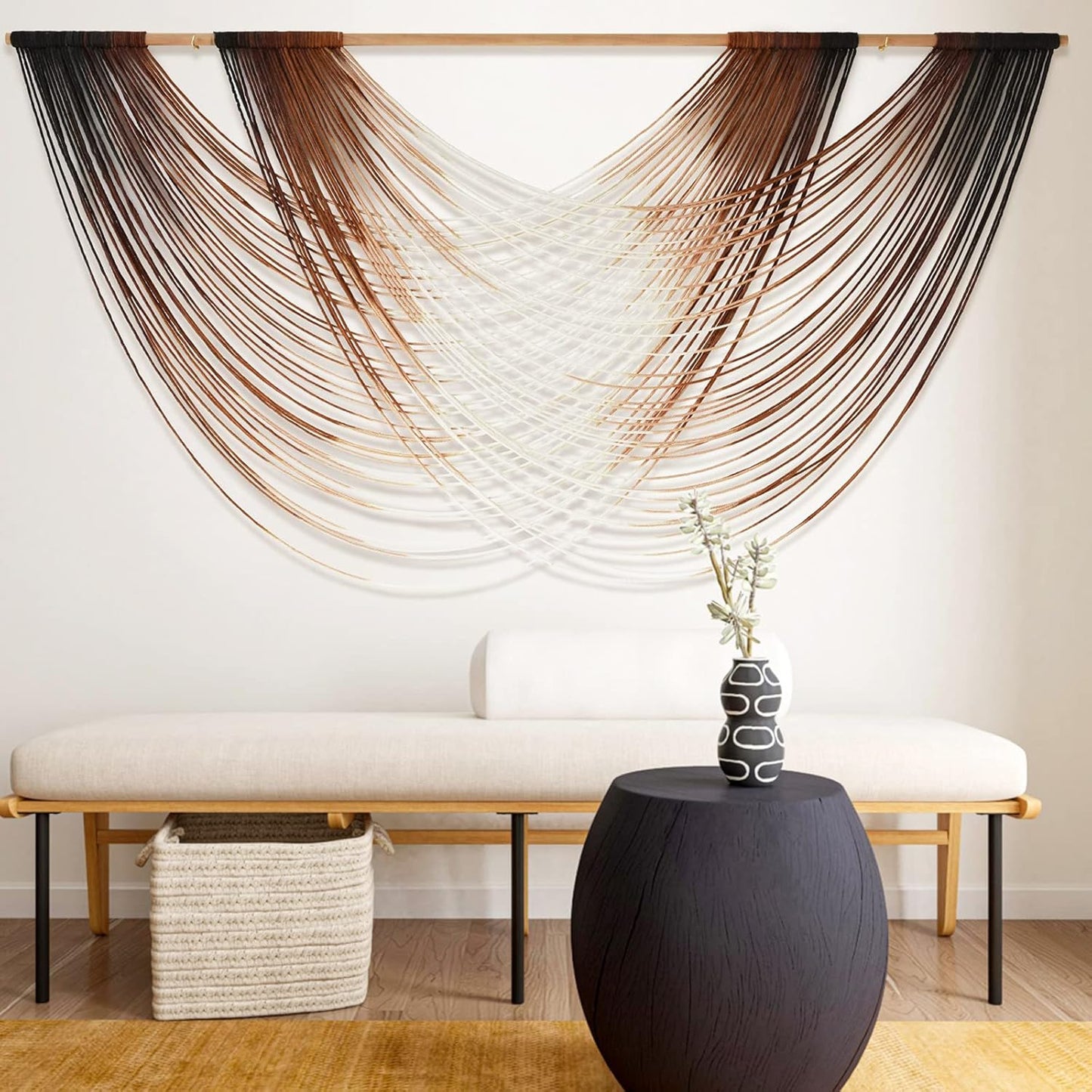 Flber Large Macrame Wall Hanging Brown Die-Dyed 57.00" W x 31.00" L Boho Wall Decor Yarn Tapestry Craftsmanship Home Macrame Wall Decor