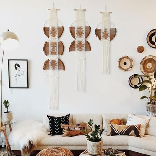 Macrame Wall Hanging Boho Wall Decor 3Pcs Brown Fiber Wall Art Handmade Home Room Décor