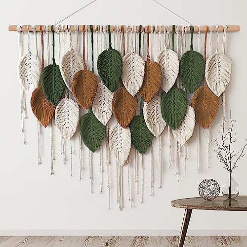 KHOYIME Large Macrame Wall Hanging Boho Woven Tapestry, Chic Home Decor Modern Bohemian Handmade Leaf Feather Wall Art Decorations for Apartment Dorm Living Room Bedroom Nursery Backdrop 39"W X 29.5"L